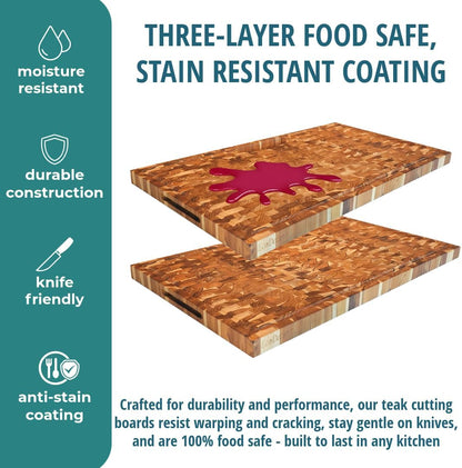 Teak End Grain Cutting Board 17"x18", FSC Teakwood Butcher Block with Juice Groove, Waste Chute & Handles, Solid Wood Cutting Board for Kitchen, Carving & Stove-Top Prep