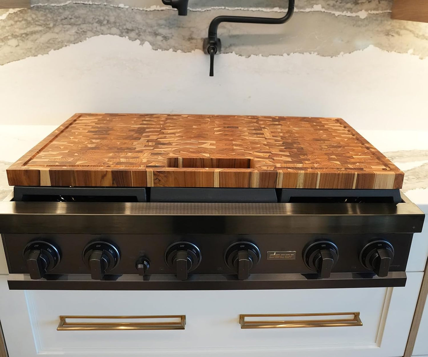 Teak End Grain Cutting Board 17"x18", FSC Teakwood Butcher Block with Juice Groove, Waste Chute & Handles, Solid Wood Cutting Board for Kitchen, Carving & Stove-Top Prep