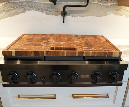 Teak End Grain Cutting Board 17"x18", FSC Teakwood Butcher Block with Juice Groove, Waste Chute & Handles, Solid Wood Cutting Board for Kitchen, Carving & Stove-Top Prep