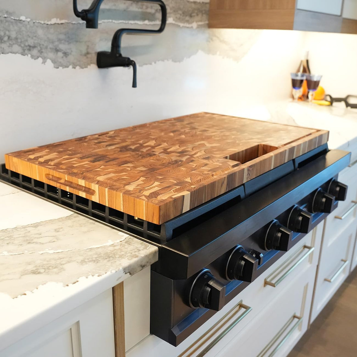 Teak End Grain Cutting Board 17"x18", FSC Teakwood Butcher Block with Juice Groove, Waste Chute & Handles, Solid Wood Cutting Board for Kitchen, Carving & Stove-Top Prep