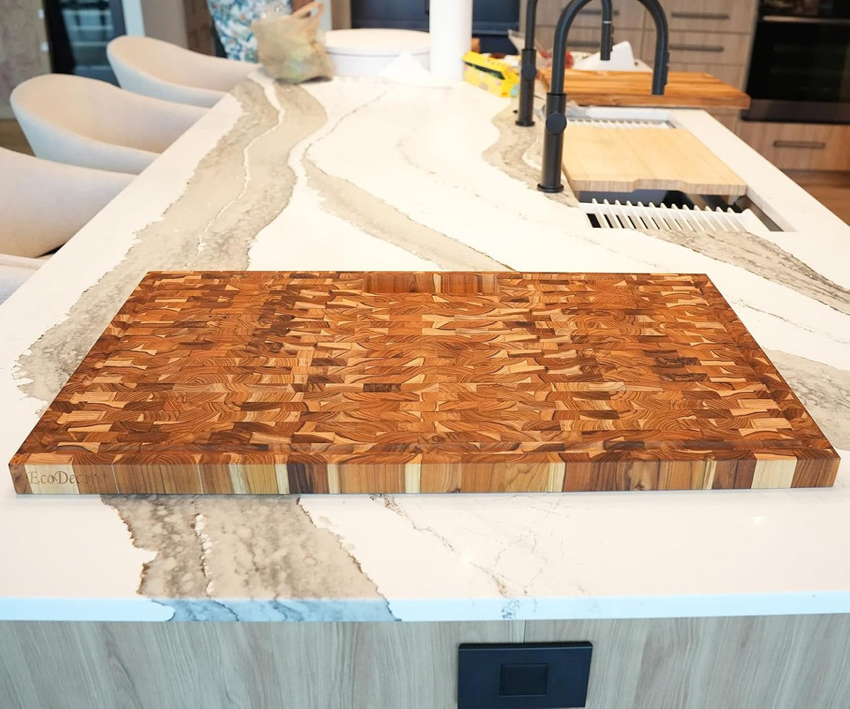 Teak End Grain Cutting Board 17"x18", FSC Teakwood Butcher Block with Juice Groove, Waste Chute & Handles, Solid Wood Cutting Board for Kitchen, Carving & Stove-Top Prep