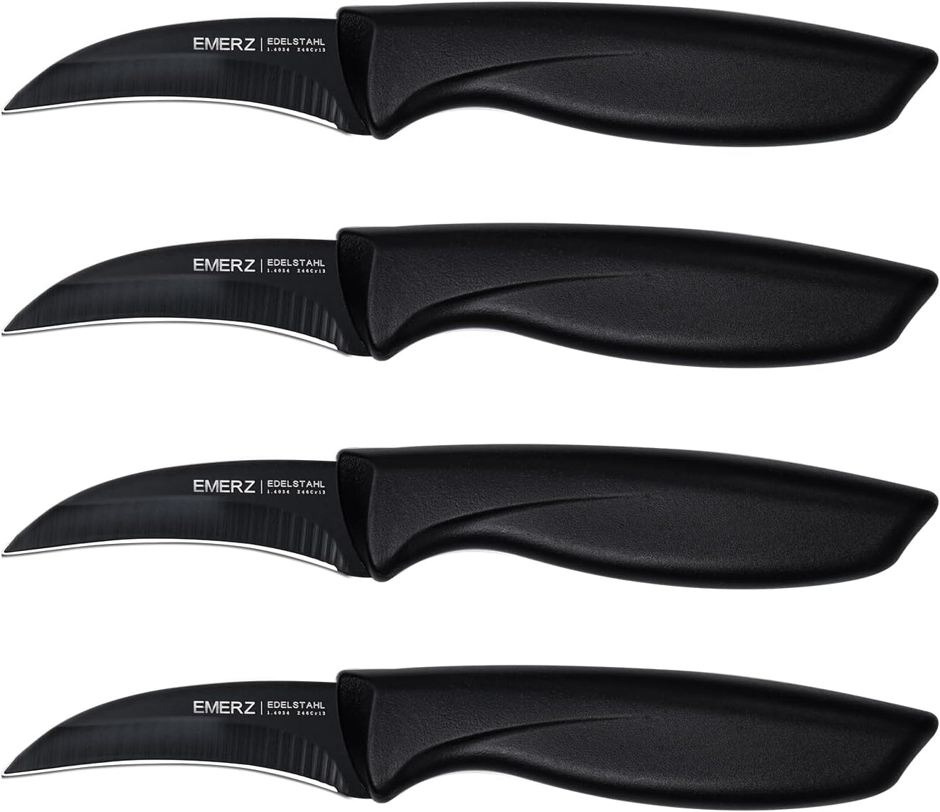 Bird Beak Paring Knife Set (4-piece), stainless steel construction, ultra-sharp blades, sturdy plastic handles, suitable for peeling and carving, (Black)