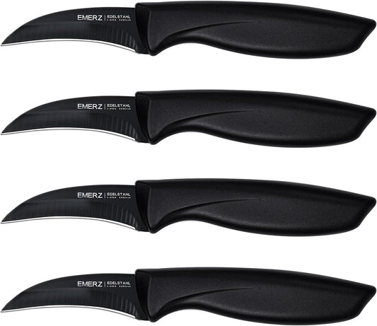 Bird Beak Paring Knife Set (4-piece), stainless steel construction, ultra-sharp blades, sturdy plastic handles, suitable for peeling and carving, (Black)