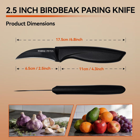 Bird Beak Paring Knife Set (4-piece), stainless steel construction, ultra-sharp blades, sturdy plastic handles, suitable for peeling and carving, (Black)