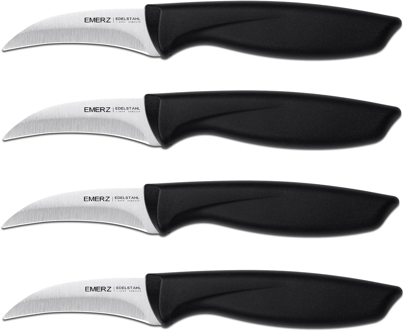 Bird Beak Paring Knife Set (4-piece), stainless steel construction, ultra-sharp blades, sturdy plastic handles, suitable for peeling and carving, (Black)