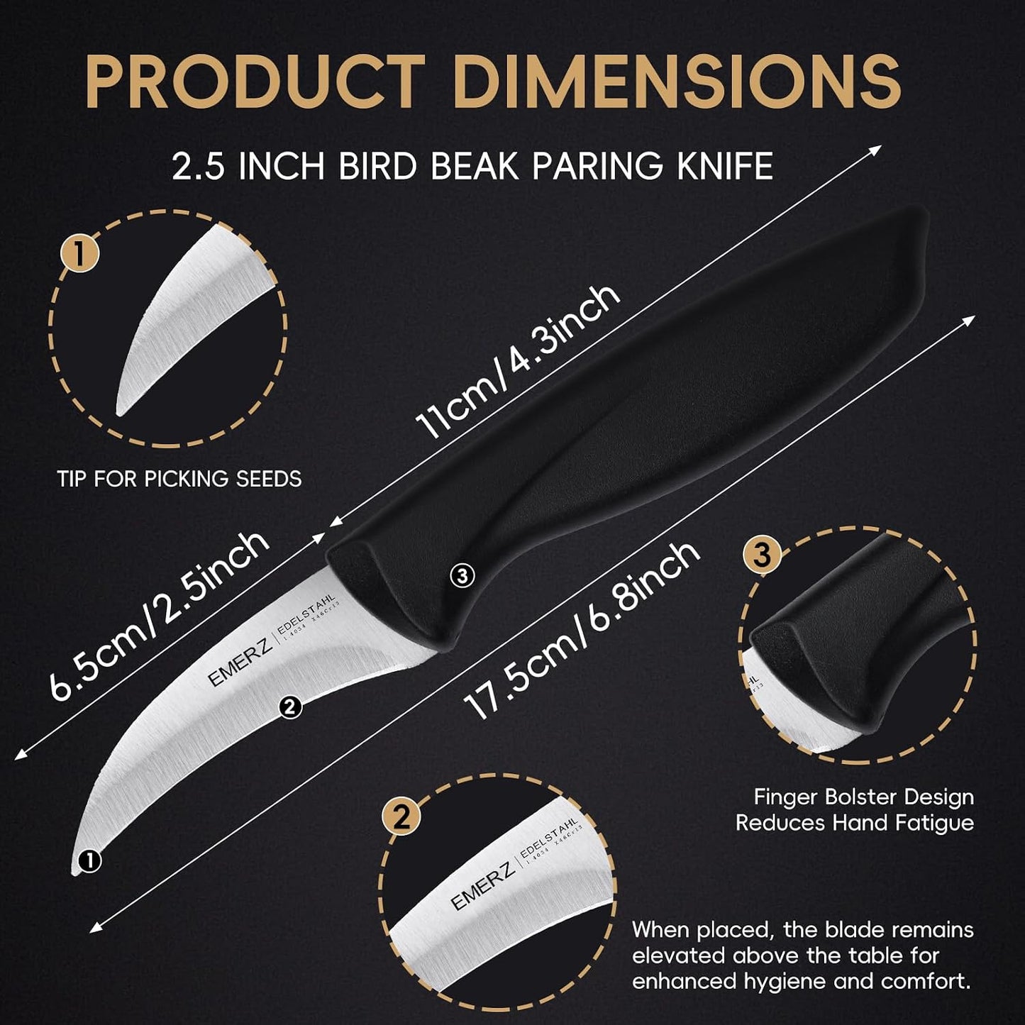 Bird Beak Paring Knife Set (4-piece), stainless steel construction, ultra-sharp blades, sturdy plastic handles, suitable for peeling and carving, (Black)