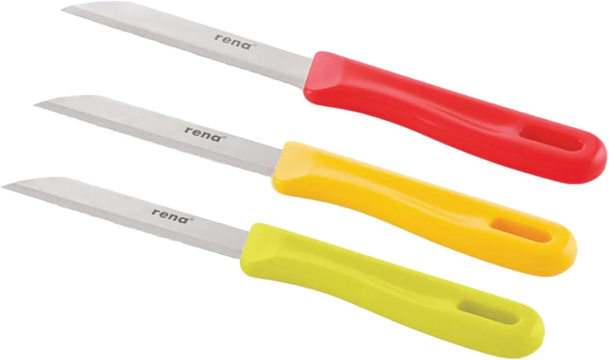 Serrated Fruit and Vegetables Kitchen Knife Utility Set, Stainless Steel Blades, Pack of 3 Knives, 90mm, Multicolor