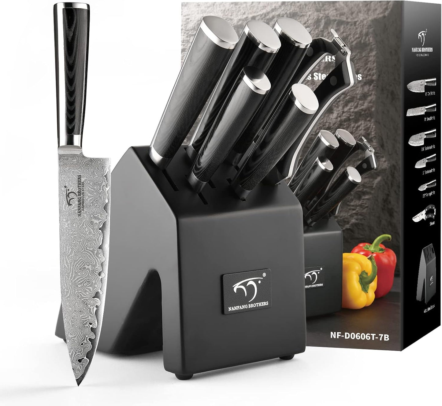 7 Pieces Damascus Kitchen Knife Set with Block, ABS Ergonomic Handle for Chef Knives, Kitchen Shears, Knife Block Set for Chopping, Slicing & Cutting