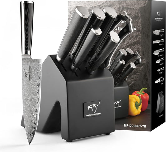 7 Pieces Damascus Kitchen Knife Set with Block, ABS Ergonomic Handle for Chef Knives, Kitchen Shears, Knife Block Set for Chopping, Slicing & Cutting