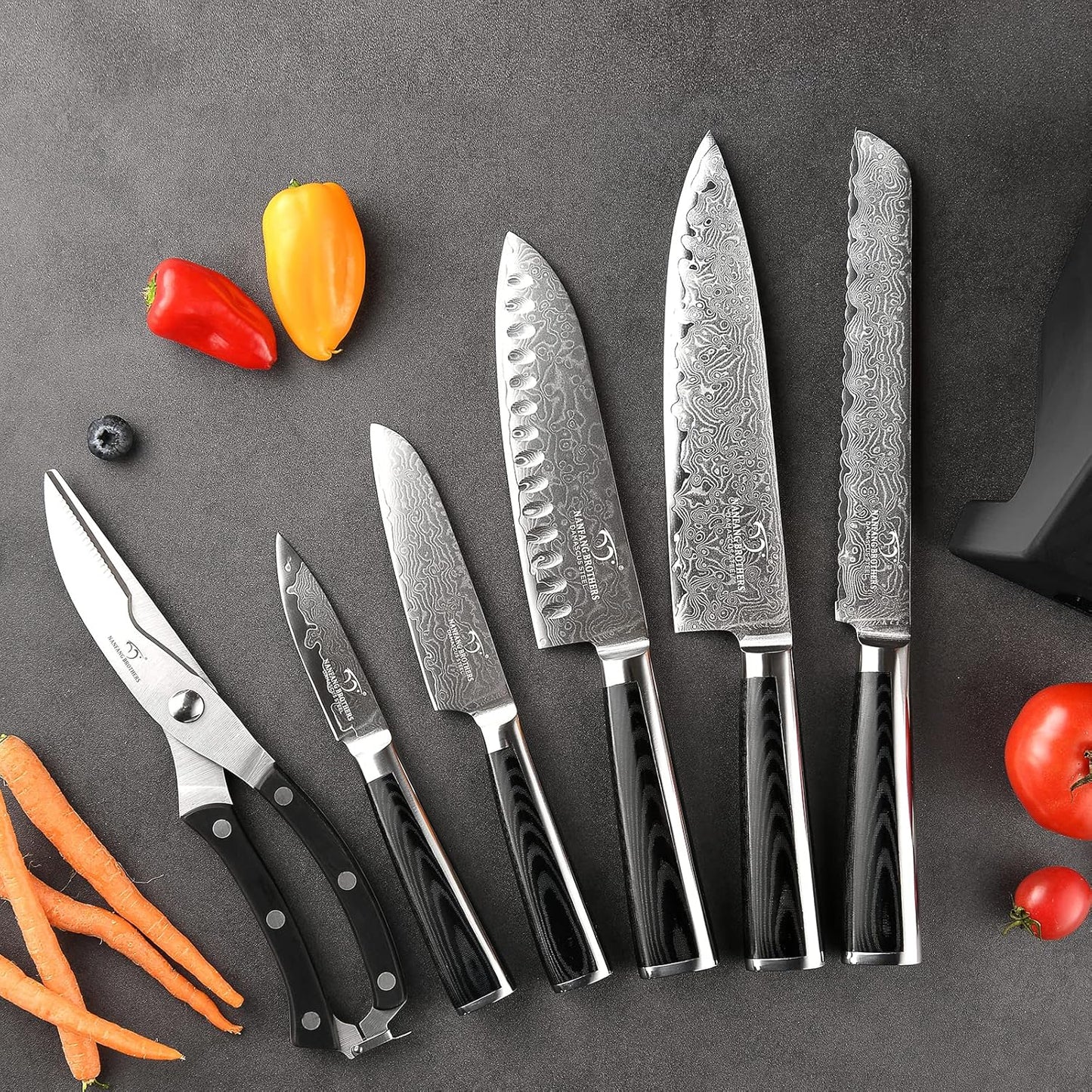7 Pieces Damascus Kitchen Knife Set with Block, ABS Ergonomic Handle for Chef Knives, Kitchen Shears, Knife Block Set for Chopping, Slicing & Cutting
