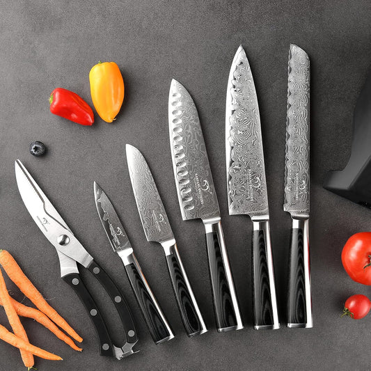 7 Pieces Damascus Kitchen Knife Set with Block, ABS Ergonomic Handle for Chef Knives, Kitchen Shears, Knife Block Set for Chopping, Slicing & Cutting