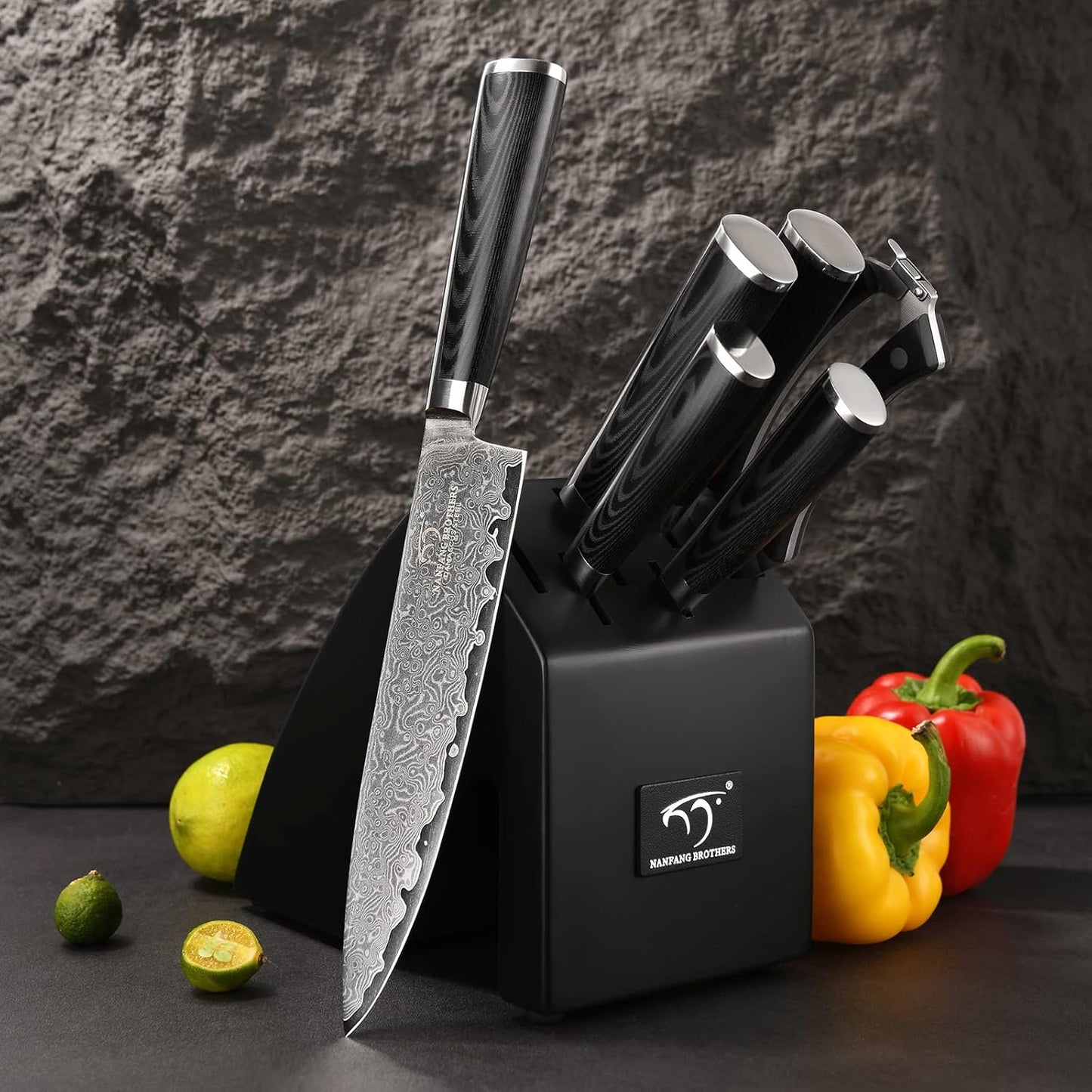 7 Pieces Damascus Kitchen Knife Set with Block, ABS Ergonomic Handle for Chef Knives, Kitchen Shears, Knife Block Set for Chopping, Slicing & Cutting