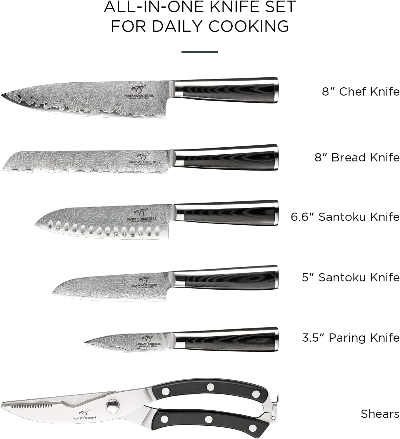 7 Pieces Damascus Kitchen Knife Set with Block, ABS Ergonomic Handle for Chef Knives, Kitchen Shears, Knife Block Set for Chopping, Slicing & Cutting