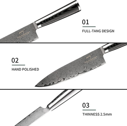 7 Pieces Damascus Kitchen Knife Set with Block, ABS Ergonomic Handle for Chef Knives, Kitchen Shears, Knife Block Set for Chopping, Slicing & Cutting