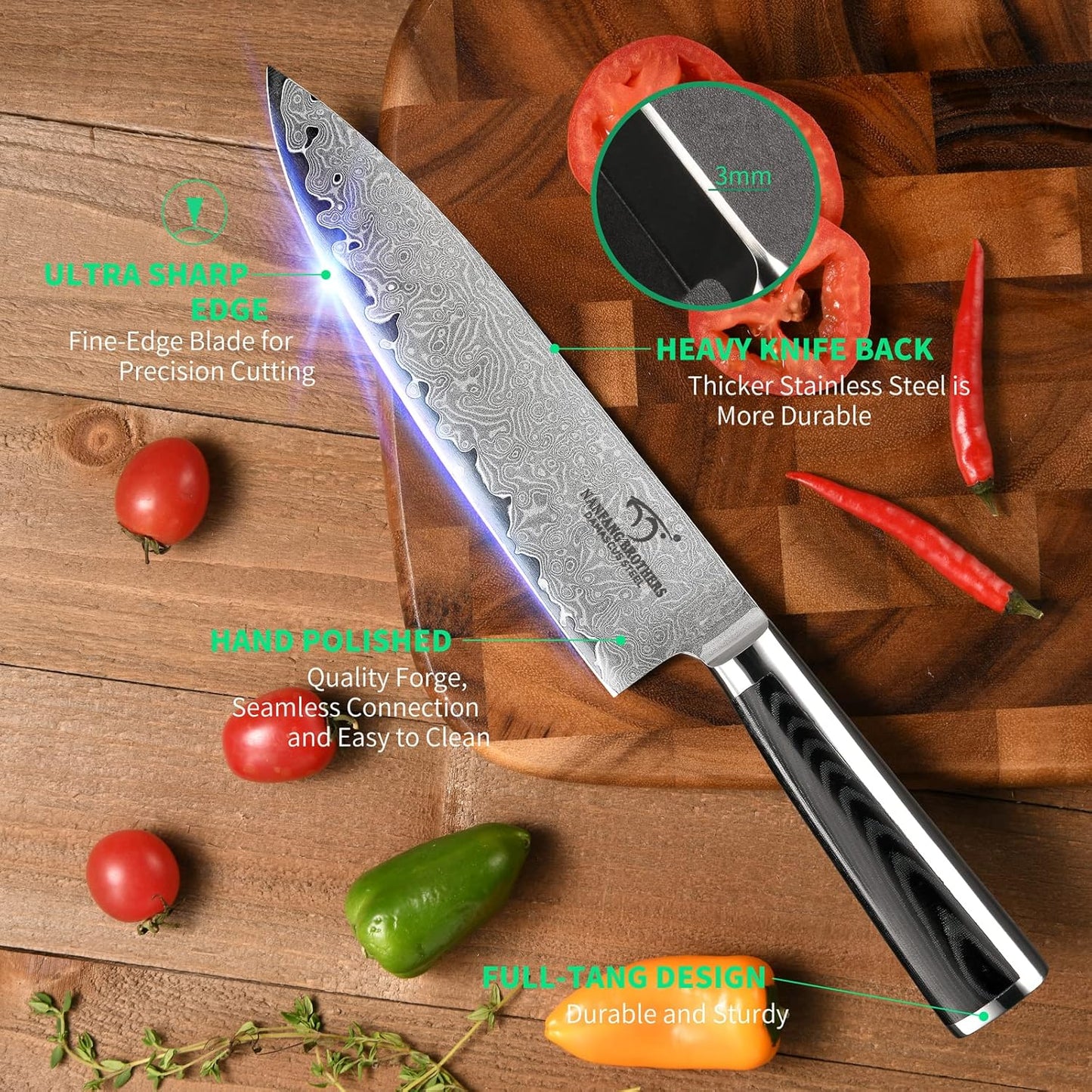 7 Pieces Damascus Kitchen Knife Set with Block, ABS Ergonomic Handle for Chef Knives, Kitchen Shears, Knife Block Set for Chopping, Slicing & Cutting