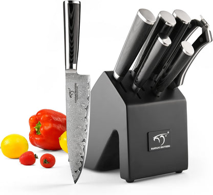 7 Pieces Damascus Kitchen Knife Set with Block, ABS Ergonomic Handle for Chef Knives, Kitchen Shears, Knife Block Set for Chopping, Slicing & Cutting