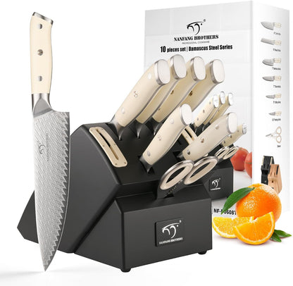 7 Pieces Damascus Kitchen Knife Set with Block, ABS Ergonomic Handle for Chef Knives, Kitchen Shears, Knife Block Set for Chopping, Slicing & Cutting