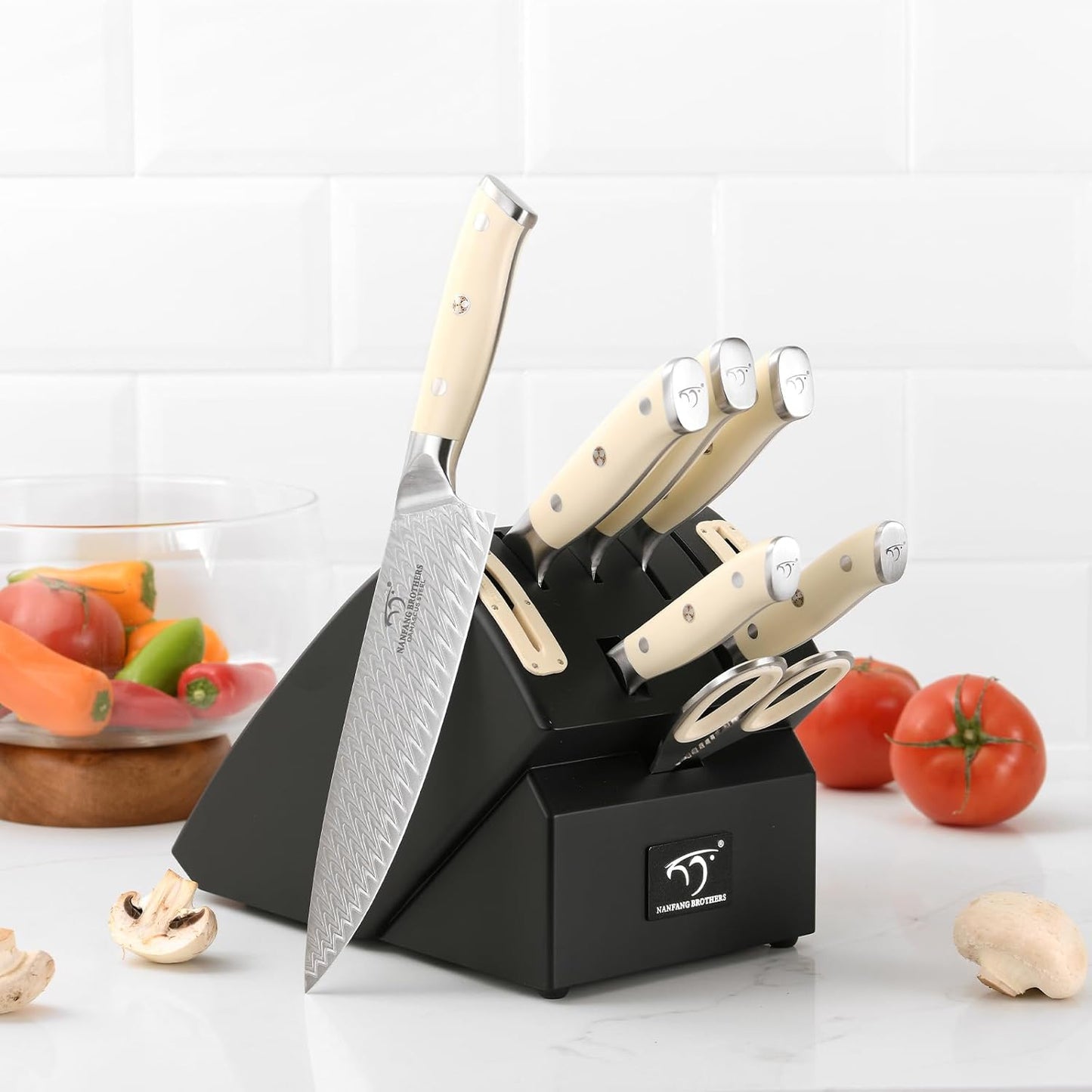 7 Pieces Damascus Kitchen Knife Set with Block, ABS Ergonomic Handle for Chef Knives, Kitchen Shears, Knife Block Set for Chopping, Slicing & Cutting