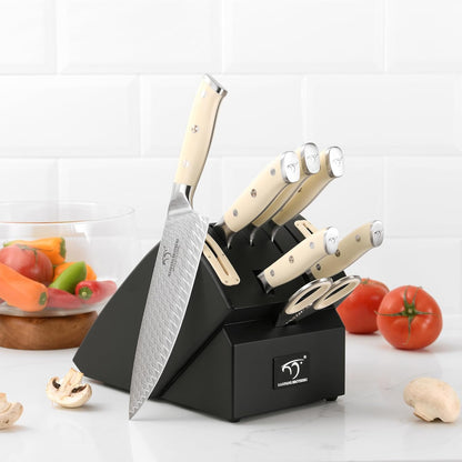 7 Pieces Damascus Kitchen Knife Set with Block, ABS Ergonomic Handle for Chef Knives, Kitchen Shears, Knife Block Set for Chopping, Slicing & Cutting