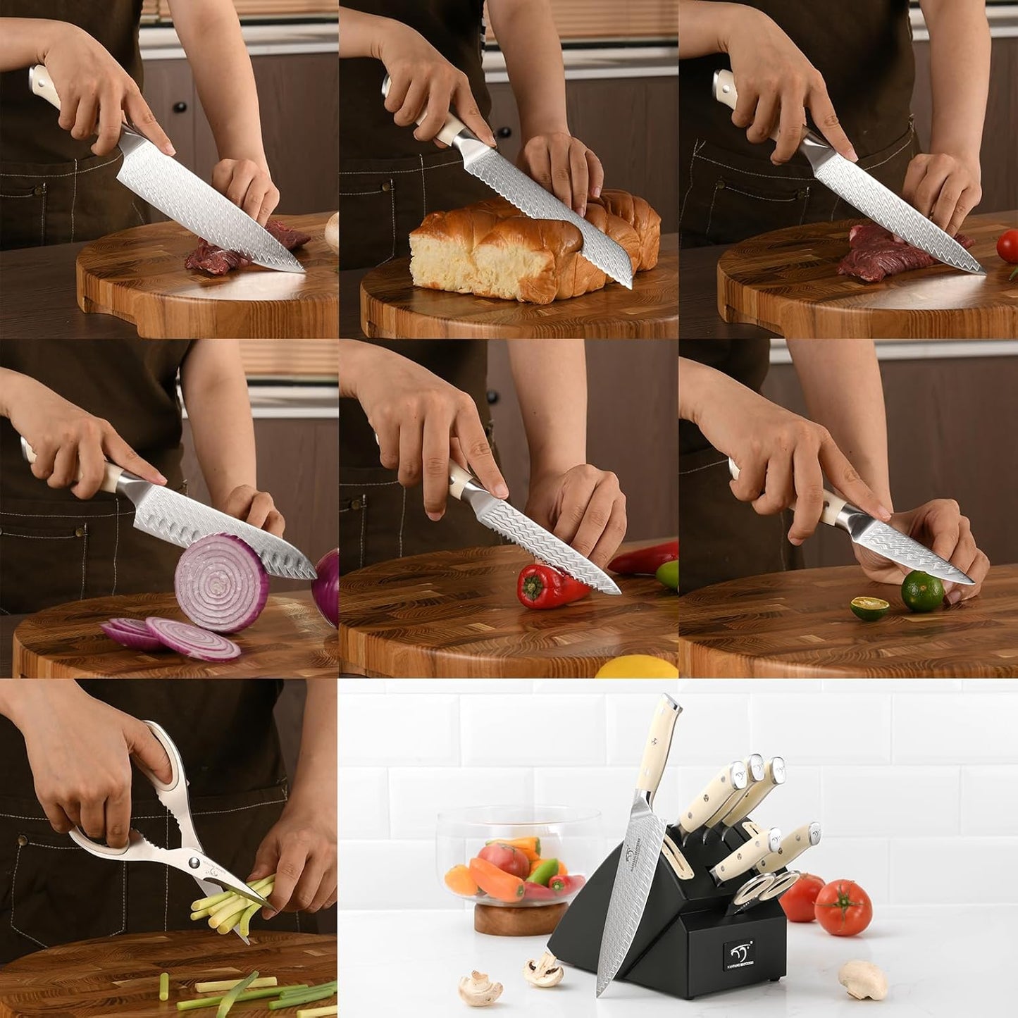 7 Pieces Damascus Kitchen Knife Set with Block, ABS Ergonomic Handle for Chef Knives, Kitchen Shears, Knife Block Set for Chopping, Slicing & Cutting
