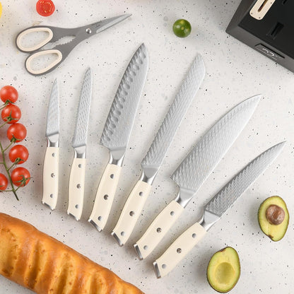 7 Pieces Damascus Kitchen Knife Set with Block, ABS Ergonomic Handle for Chef Knives, Kitchen Shears, Knife Block Set for Chopping, Slicing & Cutting