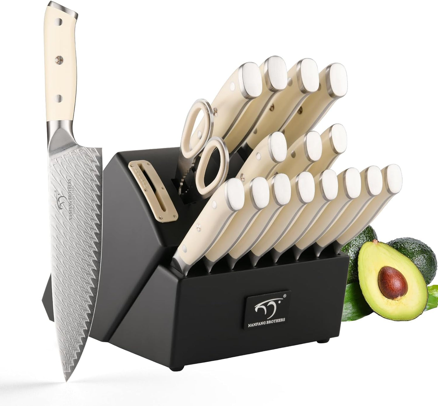 7 Pieces Damascus Kitchen Knife Set with Block, ABS Ergonomic Handle for Chef Knives, Kitchen Shears, Knife Block Set for Chopping, Slicing & Cutting