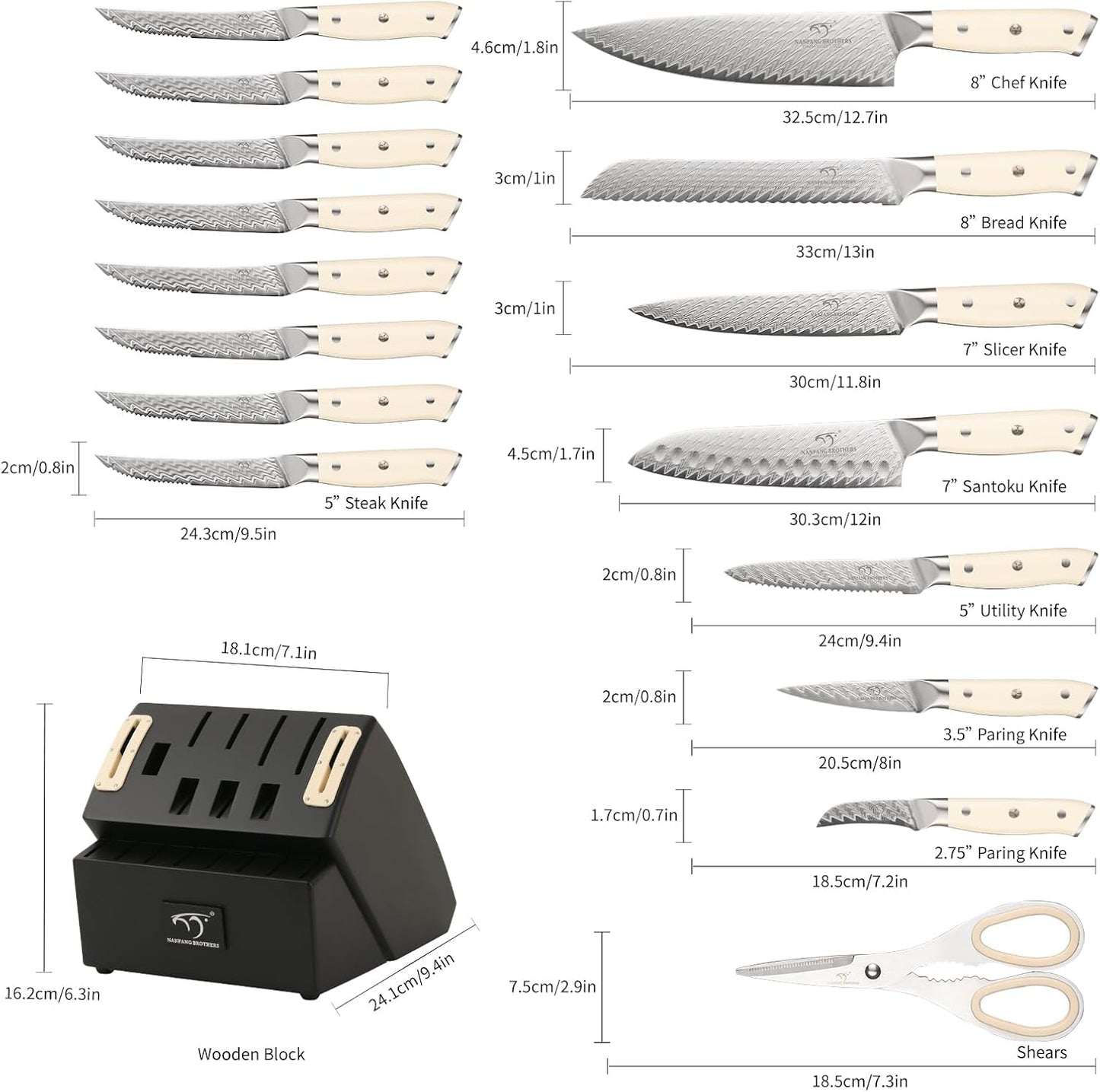 7 Pieces Damascus Kitchen Knife Set with Block, ABS Ergonomic Handle for Chef Knives, Kitchen Shears, Knife Block Set for Chopping, Slicing & Cutting