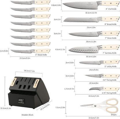 7 Pieces Damascus Kitchen Knife Set with Block, ABS Ergonomic Handle for Chef Knives, Kitchen Shears, Knife Block Set for Chopping, Slicing & Cutting