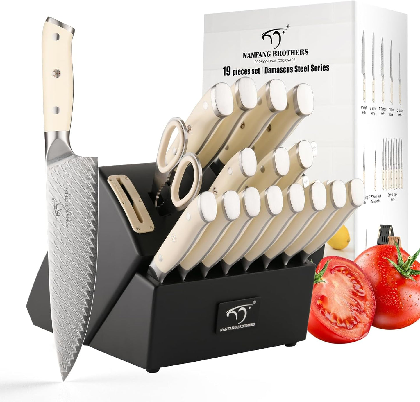 7 Pieces Damascus Kitchen Knife Set with Block, ABS Ergonomic Handle for Chef Knives, Kitchen Shears, Knife Block Set for Chopping, Slicing & Cutting