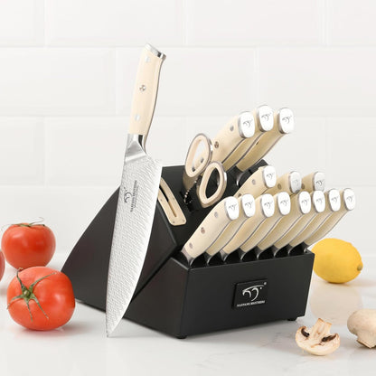 7 Pieces Damascus Kitchen Knife Set with Block, ABS Ergonomic Handle for Chef Knives, Kitchen Shears, Knife Block Set for Chopping, Slicing & Cutting
