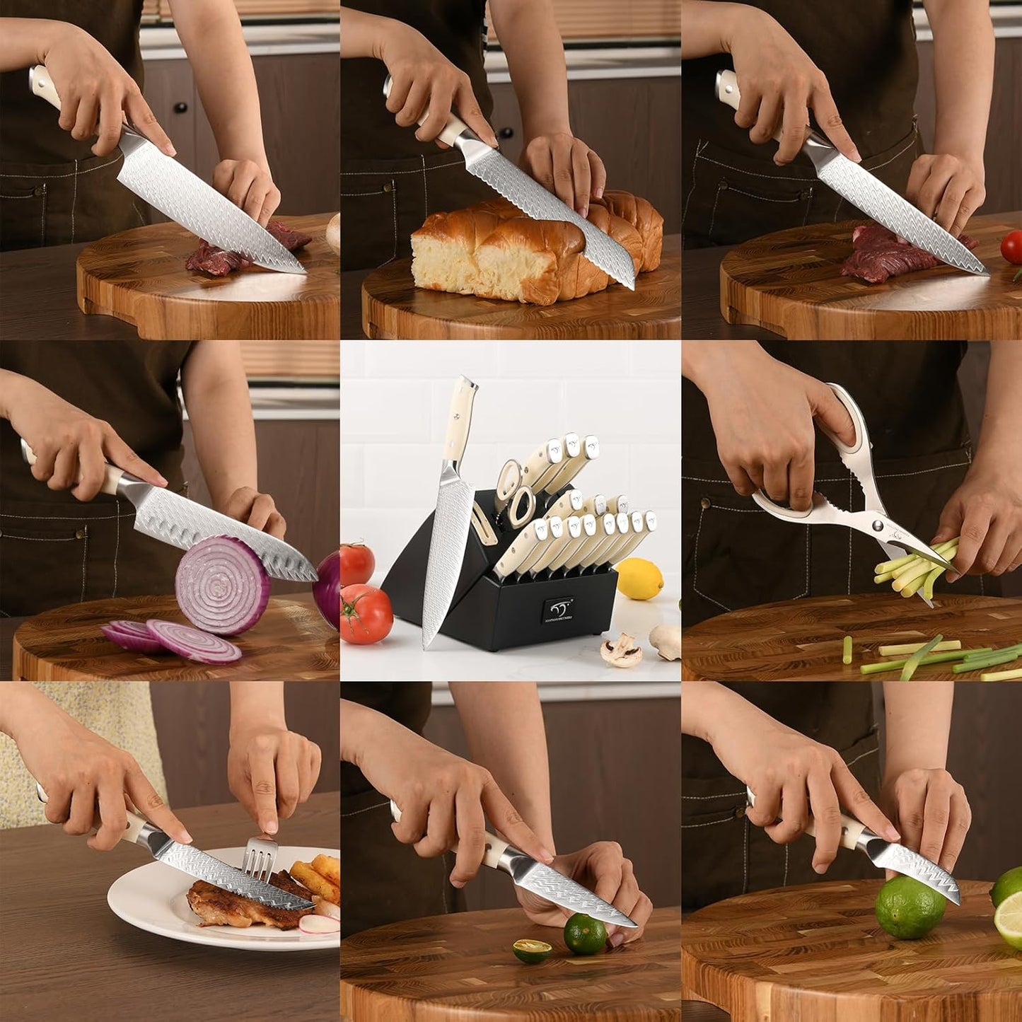 7 Pieces Damascus Kitchen Knife Set with Block, ABS Ergonomic Handle for Chef Knives, Kitchen Shears, Knife Block Set for Chopping, Slicing & Cutting
