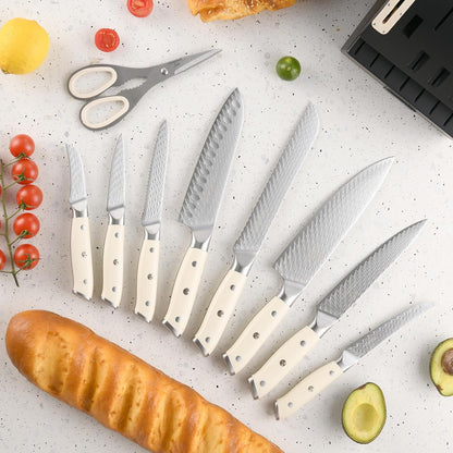 7 Pieces Damascus Kitchen Knife Set with Block, ABS Ergonomic Handle for Chef Knives, Kitchen Shears, Knife Block Set for Chopping, Slicing & Cutting