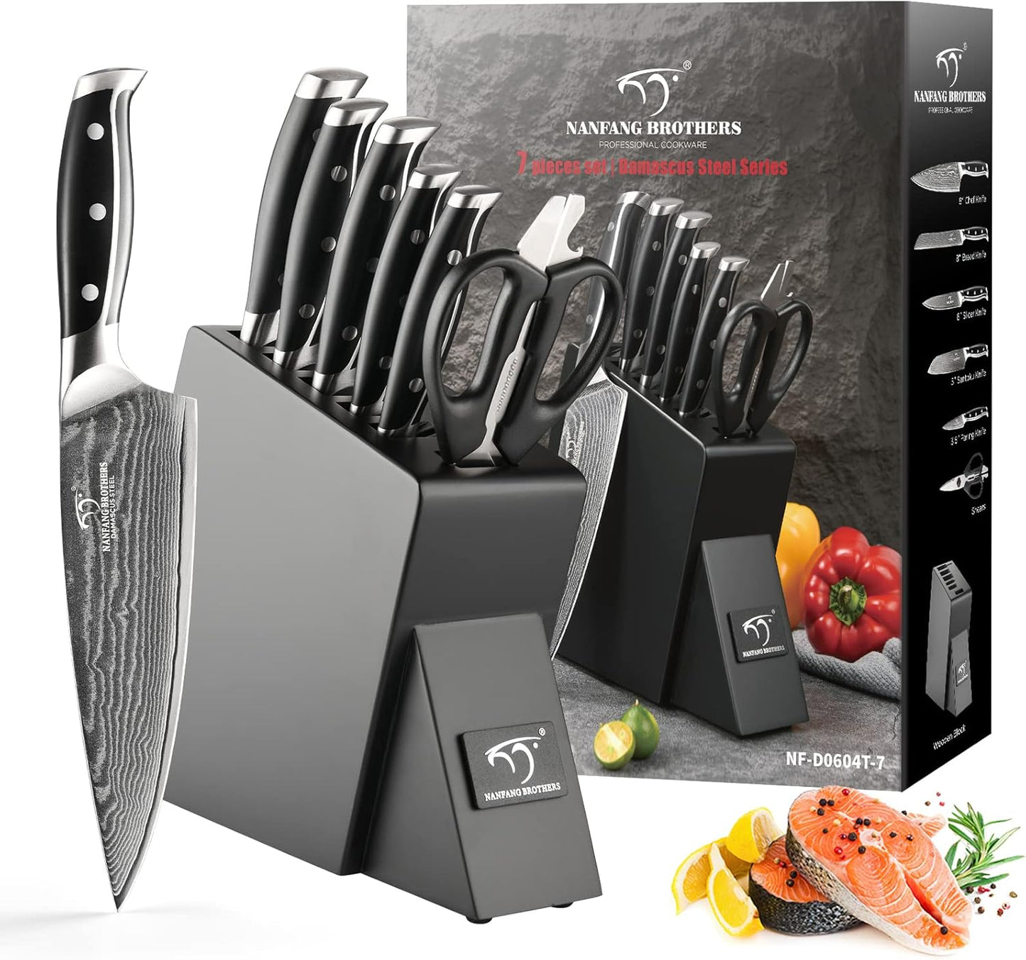 7 Pieces Damascus Kitchen Knife Set with Block, ABS Ergonomic Handle for Chef Knives, Kitchen Shears, Knife Block Set for Chopping, Slicing & Cutting