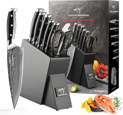 7 Pieces Damascus Kitchen Knife Set with Block, ABS Ergonomic Handle for Chef Knives, Kitchen Shears, Knife Block Set for Chopping, Slicing & Cutting