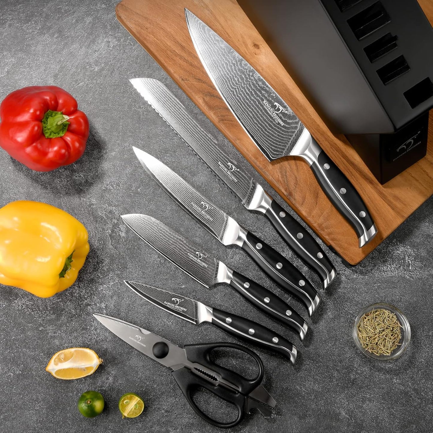 7 Pieces Damascus Kitchen Knife Set with Block, ABS Ergonomic Handle for Chef Knives, Kitchen Shears, Knife Block Set for Chopping, Slicing & Cutting