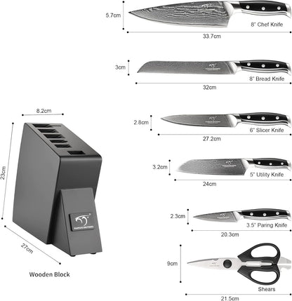 7 Pieces Damascus Kitchen Knife Set with Block, ABS Ergonomic Handle for Chef Knives, Kitchen Shears, Knife Block Set for Chopping, Slicing & Cutting