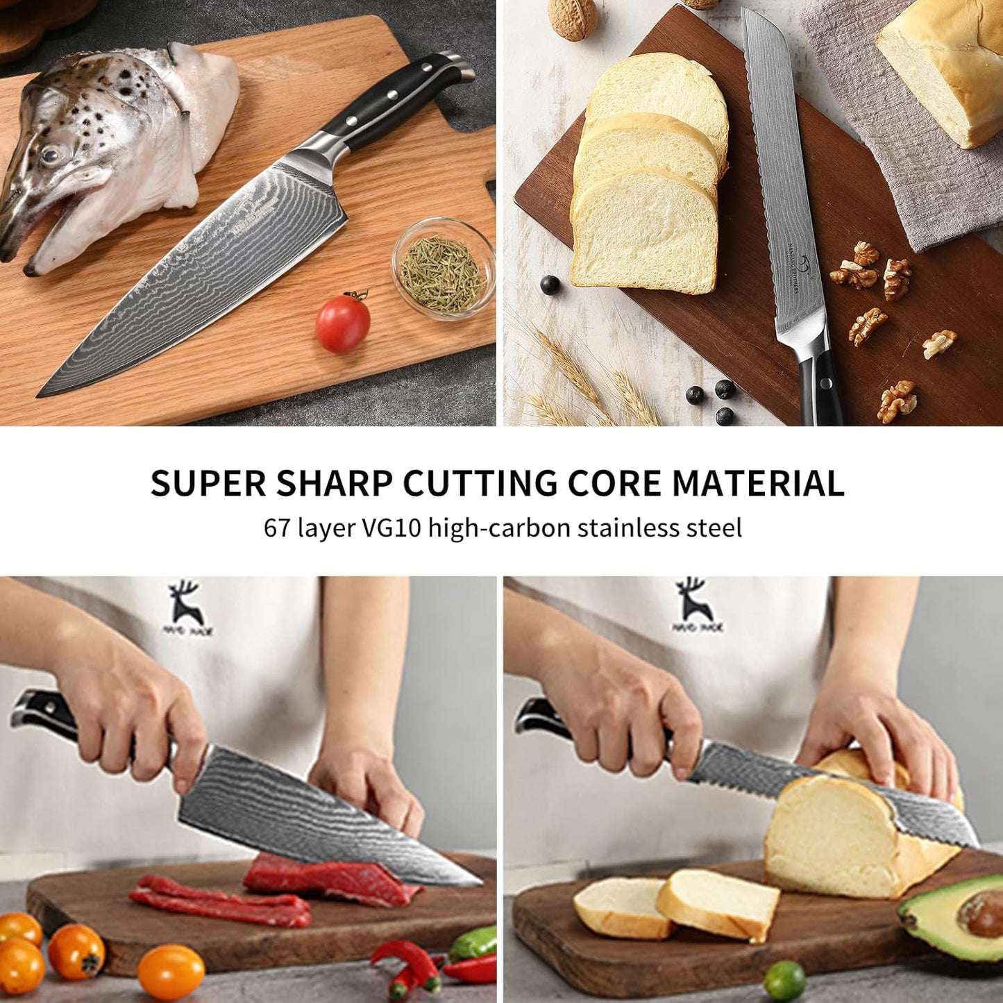 7 Pieces Damascus Kitchen Knife Set with Block, ABS Ergonomic Handle for Chef Knives, Kitchen Shears, Knife Block Set for Chopping, Slicing & Cutting