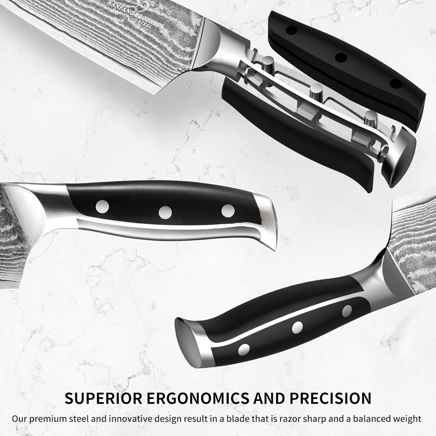 7 Pieces Damascus Kitchen Knife Set with Block, ABS Ergonomic Handle for Chef Knives, Kitchen Shears, Knife Block Set for Chopping, Slicing & Cutting
