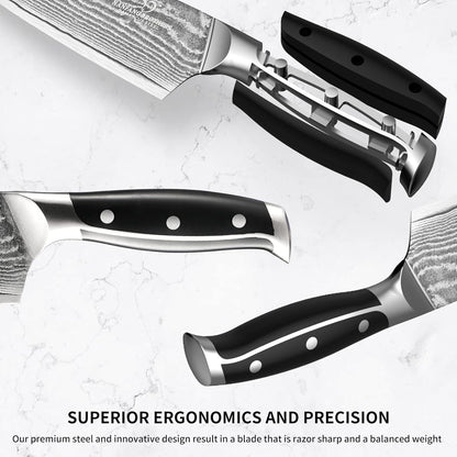 7 Pieces Damascus Kitchen Knife Set with Block, ABS Ergonomic Handle for Chef Knives, Kitchen Shears, Knife Block Set for Chopping, Slicing & Cutting