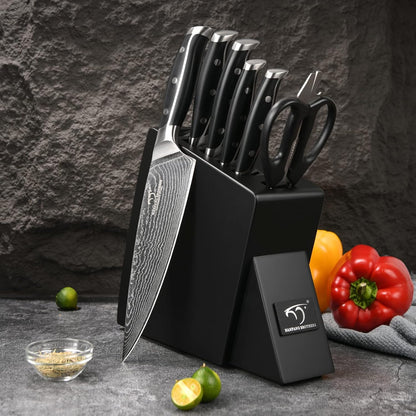 7 Pieces Damascus Kitchen Knife Set with Block, ABS Ergonomic Handle for Chef Knives, Kitchen Shears, Knife Block Set for Chopping, Slicing & Cutting