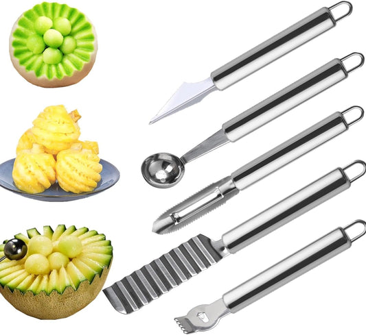 5 Pcs Stainless Steel Fruit Carving Knife Set, Kitchen Fruit Carving Knife, Watermelon and Ice Cream Scoop, 2-in-1 Dig Pulp Separator Fruit Peeling Tool, Crinkle Knife and Lemon Zester Grater