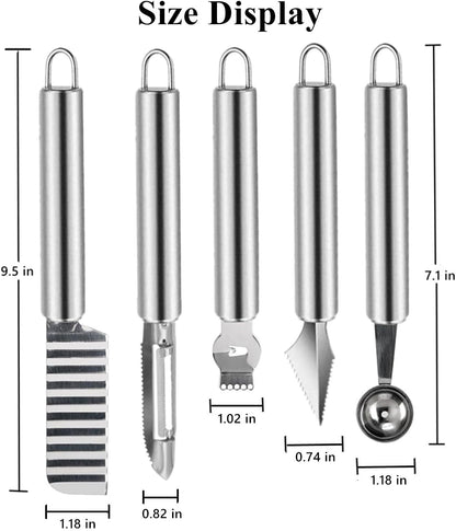 5 Pcs Stainless Steel Fruit Carving Knife Set, Kitchen Fruit Carving Knife, Watermelon and Ice Cream Scoop, 2-in-1 Dig Pulp Separator Fruit Peeling Tool, Crinkle Knife and Lemon Zester Grater