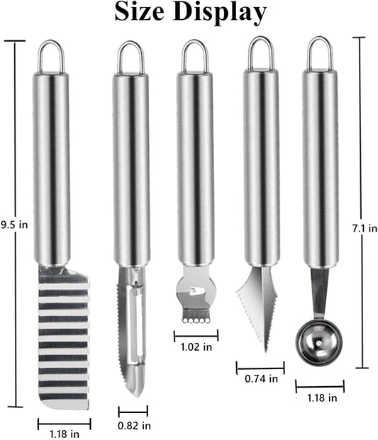 5 Pcs Stainless Steel Fruit Carving Knife Set, Kitchen Fruit Carving Knife, Watermelon and Ice Cream Scoop, 2-in-1 Dig Pulp Separator Fruit Peeling Tool, Crinkle Knife and Lemon Zester Grater