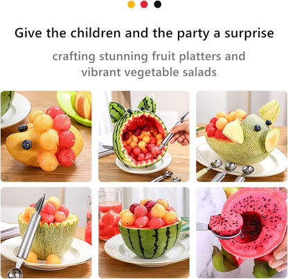 5 Pcs Stainless Steel Fruit Carving Knife Set, Kitchen Fruit Carving Knife, Watermelon and Ice Cream Scoop, 2-in-1 Dig Pulp Separator Fruit Peeling Tool, Crinkle Knife and Lemon Zester Grater