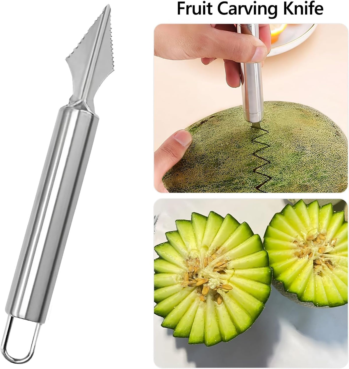 5 Pcs Stainless Steel Fruit Carving Knife Set, Kitchen Fruit Carving Knife, Watermelon and Ice Cream Scoop, 2-in-1 Dig Pulp Separator Fruit Peeling Tool, Crinkle Knife and Lemon Zester Grater