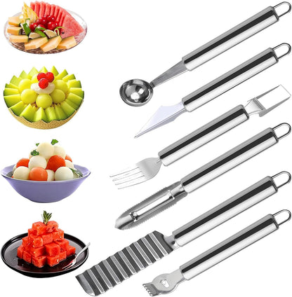 5 Pcs Stainless Steel Fruit Carving Knife Set, Kitchen Fruit Carving Knife, Watermelon and Ice Cream Scoop, 2-in-1 Dig Pulp Separator Fruit Peeling Tool, Crinkle Knife and Lemon Zester Grater