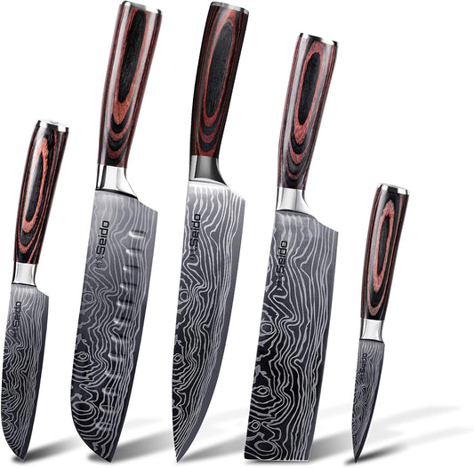 Seido 5-Piece Japanese Kitchen Knife Set, Damascus High Carbon Steel | Includes gyuto, santoku, nakiri, and paring knives for everyday chef prep and precise slicing