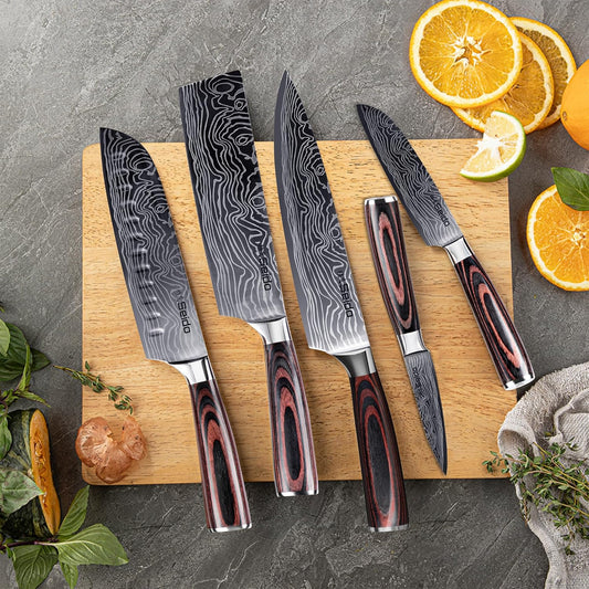 Seido 5-Piece Japanese Kitchen Knife Set, Damascus High Carbon Steel | Includes gyuto, santoku, nakiri, and paring knives for everyday chef prep and precise slicing