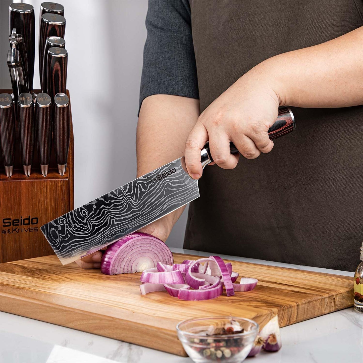 Seido 5-Piece Japanese Kitchen Knife Set, Damascus High Carbon Steel | Includes gyuto, santoku, nakiri, and paring knives for everyday chef prep and precise slicing