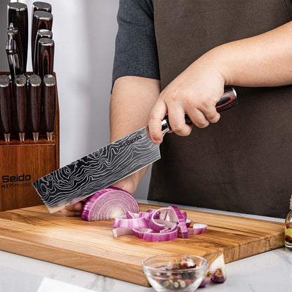 Seido 5-Piece Japanese Kitchen Knife Set, Damascus High Carbon Steel | Includes gyuto, santoku, nakiri, and paring knives for everyday chef prep and precise slicing